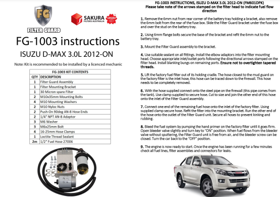 FILTER GUARD PRE FILTER DIESEL FUEL KIT ISUZU DMAX MUX 3.0L