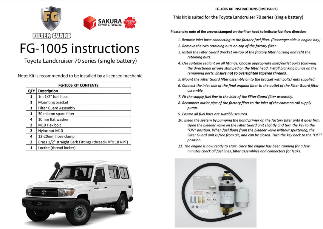 FILTER GUARD PRE FILTER DIESEL FUEL KIT TOYOTA LANDCRUISER