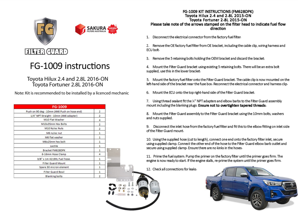 FILTER GUARD PRE FILTER DIESEL FUEL KIT TOYOTA HILUX FORTUNER