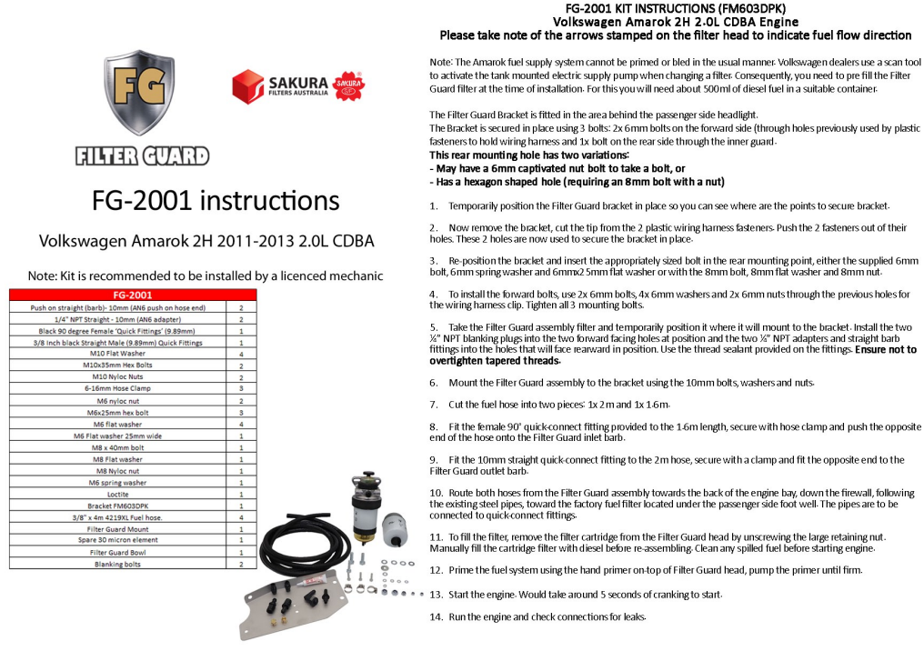 FILTER GUARD PRE FILTER DIESEL FUEL KIT VW AMAROK 2H CDBA